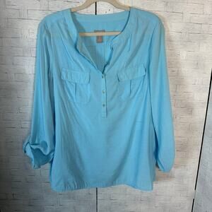 Chicos women’s blouse pullover teal roll tab sleeve lightweight coastal grandma